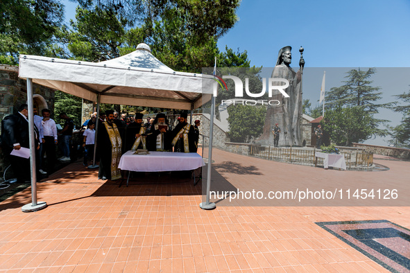 A memorial service is taking place in front of Makarios tomb in Kykkos, Cyprus, on August 4, 2024. The President of Cyprus, Nikos Christodou...