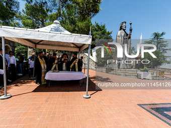 A memorial service is taking place in front of Makarios tomb in Kykkos, Cyprus, on August 4, 2024. The President of Cyprus, Nikos Christodou...