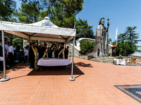 A memorial service is taking place in front of Makarios tomb in Kykkos, Cyprus, on August 4, 2024. The President of Cyprus, Nikos Christodou...