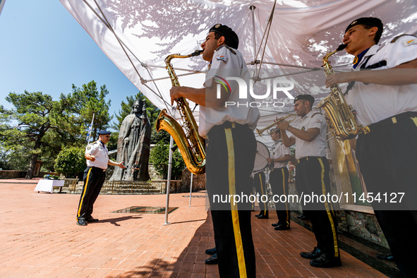 The military band is playing in front of Makarios tomb in Kykkos, Cyprus, on August 4, 2024. The President of Cyprus, Nikos Christodoulides,...