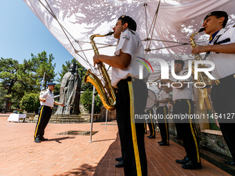 The military band is playing in front of Makarios tomb in Kykkos, Cyprus, on August 4, 2024. The President of Cyprus, Nikos Christodoulides,...