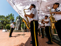 The military band is playing in front of Makarios tomb in Kykkos, Cyprus, on August 4, 2024. The President of Cyprus, Nikos Christodoulides,...