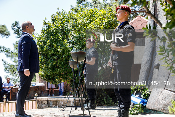 Minister of Labour Yiannis Panayiotou is placing a wreath on Makarios tomb in Kykkos, Cyprus, on August 4, 2024. President of Cyprus Nikos C...