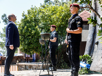 Minister of Labour Yiannis Panayiotou is placing a wreath on Makarios tomb in Kykkos, Cyprus, on August 4, 2024. President of Cyprus Nikos C...