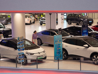 A general view is showing 70 models from Tesla, Audi, Hongqi, SAIC Volkswagen, and Jiyue Nio on display during the Auto Shopping Festival at...