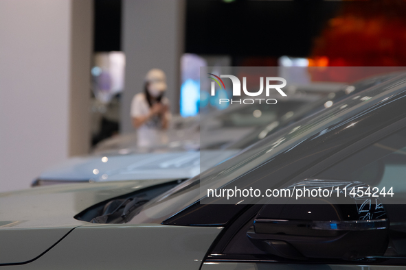 A general view is showing 70 models from Tesla, Audi, Hongqi, SAIC Volkswagen, and Jiyue Nio on display during the Auto Shopping Festival at...