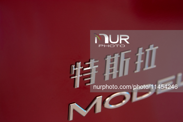 A logo of Tesla Auto is being seen on display as 70 models from Tesla, Audi, Hongqi, SAIC Volkswagen, and Jiyue Nio are being showcased duri...