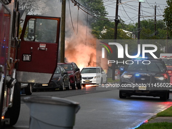 Northeast summer thunderstorms are causing havoc when lightning strikes wires, causing them to fall and a car to catch fire, prompting a mas...