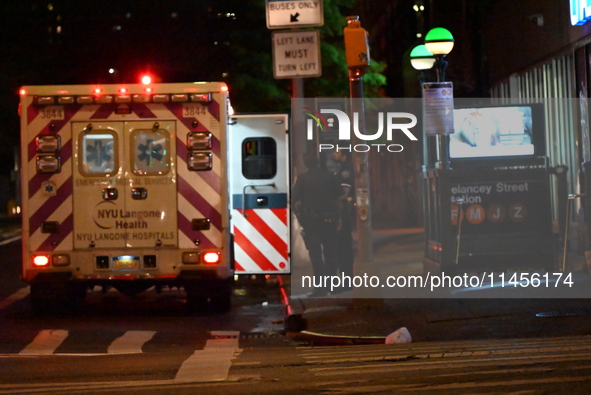 An ambulance is attending to the two female victims at the crime scene. Two females are being pushed onto the New York City subway platform...