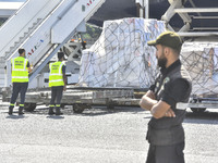 The Minister of Public Health in the caretaker government, Dr. Firas Al-Abyad, is receiving an emergency aid shipment via charter plane in B...