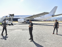 The Minister of Public Health in the caretaker government, Dr. Firas Al-Abyad, is receiving an emergency aid shipment via charter plane in B...