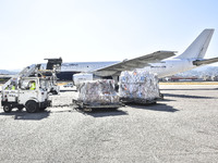 The Minister of Public Health in the caretaker government, Dr. Firas Al-Abyad, is receiving an emergency aid shipment via charter plane in B...