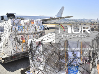 The Minister of Public Health in the caretaker government, Dr. Firas Al-Abyad, is receiving an emergency aid shipment via charter plane in B...