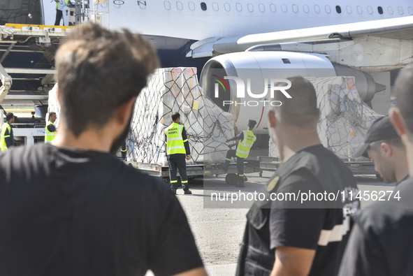 The Minister of Public Health in the caretaker government, Dr. Firas Al-Abyad, is receiving an emergency aid shipment via charter plane in B...