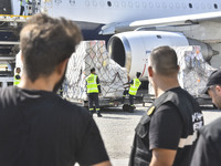 The Minister of Public Health in the caretaker government, Dr. Firas Al-Abyad, is receiving an emergency aid shipment via charter plane in B...