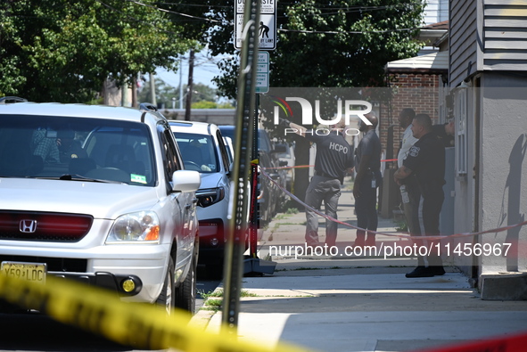 A male victim is being killed in a shooting in North Bergen, New Jersey, United States, on August 5, 2024. Shortly after 9 a.m. on Monday mo...