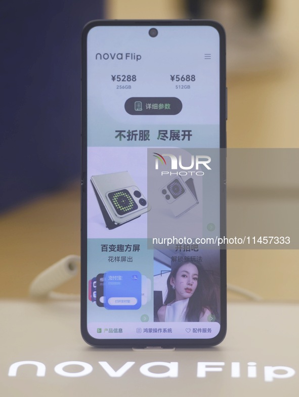 A Huawei nova Flip foldable screen phone is being shown at a Huawei store in Hangzhou, China, on August 6, 2024. The Huawei nova Flip, the f...