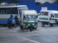 Vehicles are wading through the flooded streets in Kathmandu, Nepal, on August 6, 2024. Nepal's Meteorological Forecasting Division (MFD) un...