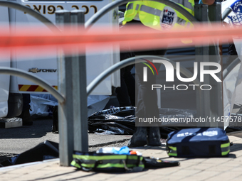 Israeli first responders are working at the site of a stabbing at the checkpoint outside of Jerusalem, Israel, on August 6, 2024, following...