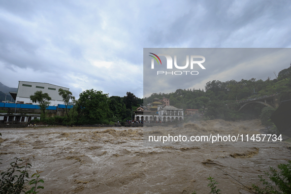 The Bagmati River is flooding in Chovar, Kathmandu, Nepal, on August 6, 2024. Nepal's Meteorological Forecasting Division (MFD) under the De...