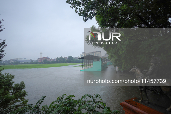 Incessant rainfall overnight is inundating a portion of the Nepal Army Pavilion in Kathmandu, Nepal, on August 6, 2024. Nepal's Meteorologic...