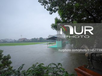 Incessant rainfall overnight is inundating a portion of the Nepal Army Pavilion in Kathmandu, Nepal, on August 6, 2024. Nepal's Meteorologic...