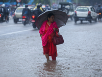 A Nepali woman is wading through flooded roads in Kathmandu, Nepal, on August 6, 2024. Nepal's Meteorological Forecasting Division (MFD) und...