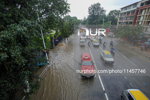 Incessant rainfall overnight is inundating a portion of the Nepal Army Pavilion in Kathmandu, Nepal, on August 6, 2024. Nepal's Meteorologic...