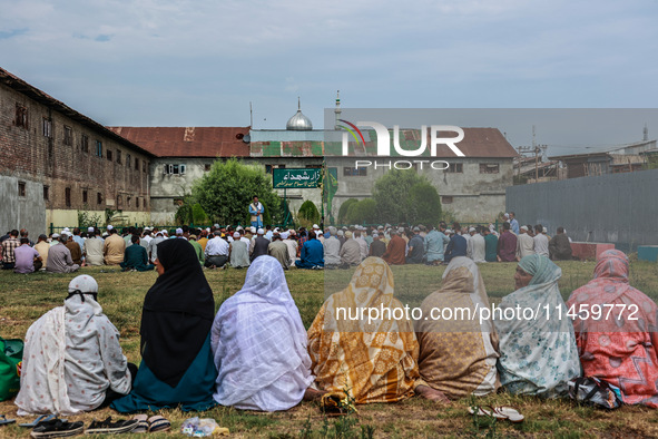 Muslim devotees are taking part in Salatul Istisqa in Sopore, Jammu and Kashmir, India, on August 7, 2024, to pray for an end to the dry hot...