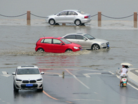 Vehicles are passing a waterlogged section of Binhai Middle Road in Yantai, China, on August 6, 2024. (