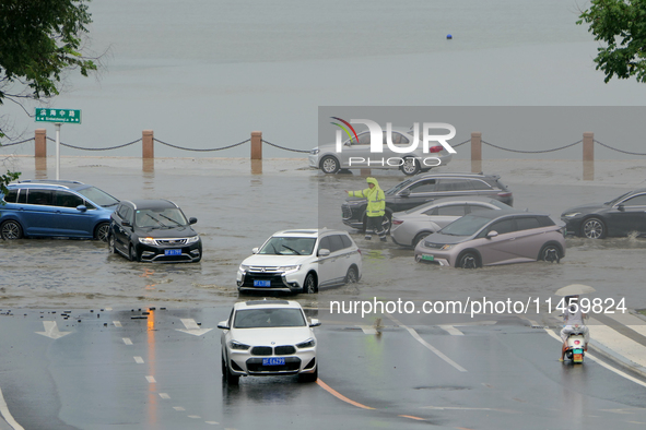 Vehicles are passing a waterlogged section of Binhai Middle Road in Yantai, China, on August 6, 2024. 