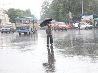 A man is crossing a busy road with an umbrella during heavy monsoon rain in Kolkata, India, on July 07, 2024. (