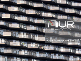 Balconies are adorning a condominium building tower in Toronto, Ontario, Canada, on June 12, 2024. (