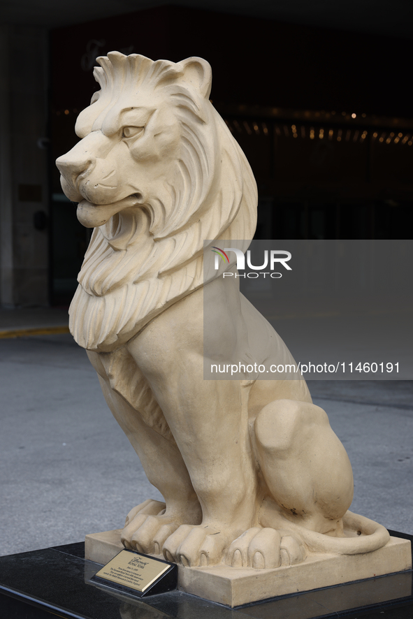 A lion statue is standing outside the Fairmont Royal York Hotel in Toronto, Ontario, Canada, on June 12, 2024. 