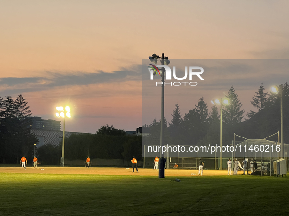 People are playing baseball during a summer evening in Toronto, Ontario, Canada, on July 31, 2024. 