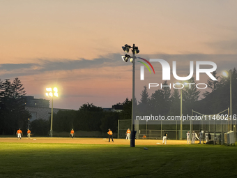 People are playing baseball during a summer evening in Toronto, Ontario, Canada, on July 31, 2024. (