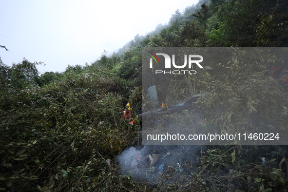 Members of the Nepal Armed Police Force and Nepal Police are searching the wreckage of the Air Dynasty Helicopter that crashed in Nuwakot Di...