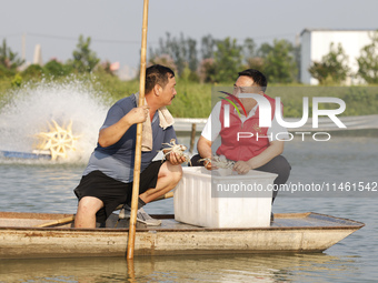 Aquaculture technicians are testing water quality at a crab pond in Wanggou village in Suqian, Jiangsu province, China, on August 7, 2024. (