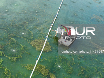 Aquaculture technicians are guiding the use of microporous oxygenation technology in crab farming science at Wanggou Village crab pond in Su...