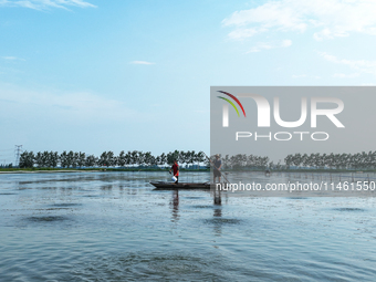 Aquaculture technicians are guiding crab feeding at Wanggou Village crab pond in Suqian, Jiangsu province, China, on August 7, 2024. (