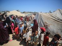 Displaced Palestinians are gathering to receive food cooked by a charity kitchen, amid food scarcity, as the Israel-Hamas conflict continues...