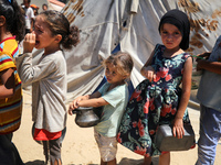 Displaced Palestinians are gathering to receive food cooked by a charity kitchen, amid food scarcity, as the Israel-Hamas conflict continues...