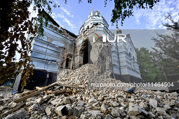 The Church of the Nativity of the Blessed Virgin Mary is lying in ruins after the Russian shelling on July 8 in Novoekonomichne, Donetsk reg...