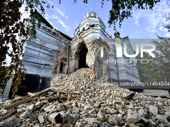 The Church of the Nativity of the Blessed Virgin Mary is lying in ruins after the Russian shelling on July 8 in Novoekonomichne, Donetsk reg...