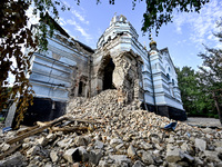 The Church of the Nativity of the Blessed Virgin Mary is lying in ruins after the Russian shelling on July 8 in Novoekonomichne, Donetsk reg...