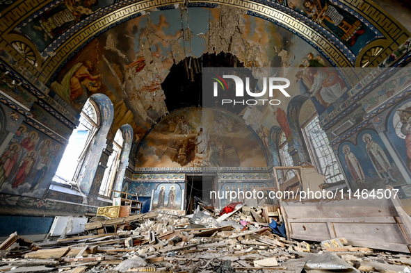 The interior of the Church of the Nativity of the Blessed Virgin Mary is being damaged by the Russian shelling in Novoekonomichne, Ukraine,...