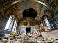 The interior of the Church of the Nativity of the Blessed Virgin Mary is being damaged by the Russian shelling in Novoekonomichne, Ukraine,...