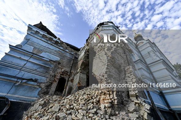 The Church of the Nativity of the Blessed Virgin Mary is lying in ruins after the Russian shelling on July 8 in Novoekonomichne, Donetsk reg...