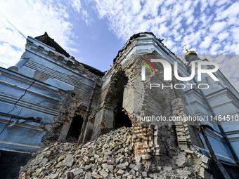 The Church of the Nativity of the Blessed Virgin Mary is lying in ruins after the Russian shelling on July 8 in Novoekonomichne, Donetsk reg...