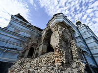 The Church of the Nativity of the Blessed Virgin Mary is lying in ruins after the Russian shelling on July 8 in Novoekonomichne, Donetsk reg...